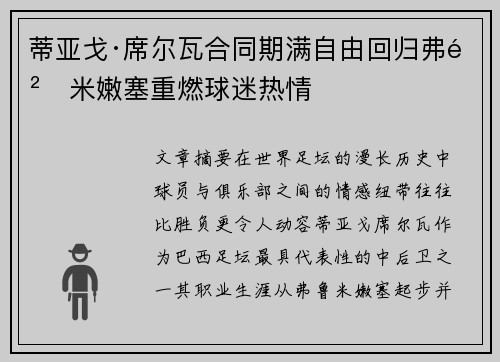 蒂亚戈·席尔瓦合同期满自由回归弗鲁米嫩塞重燃球迷热情